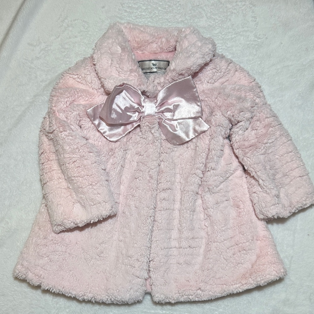 EUC American Widgeon Pink Fur Coat with Satin Bow 3t